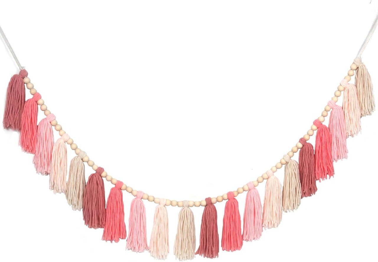 Pink Yarn Tassel Garland Boho Preppy Wall Hanging Decor Bunting Banner Tassels with Wood Bead for Nursery Classroom Office Birthday Party Baby Shower Kids Girls Dorm Bedroom Decorations